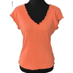 Calvin Klein CK one Coral V-Neck Women's Top lettuce hem 90s Y2K XL Peru cotton